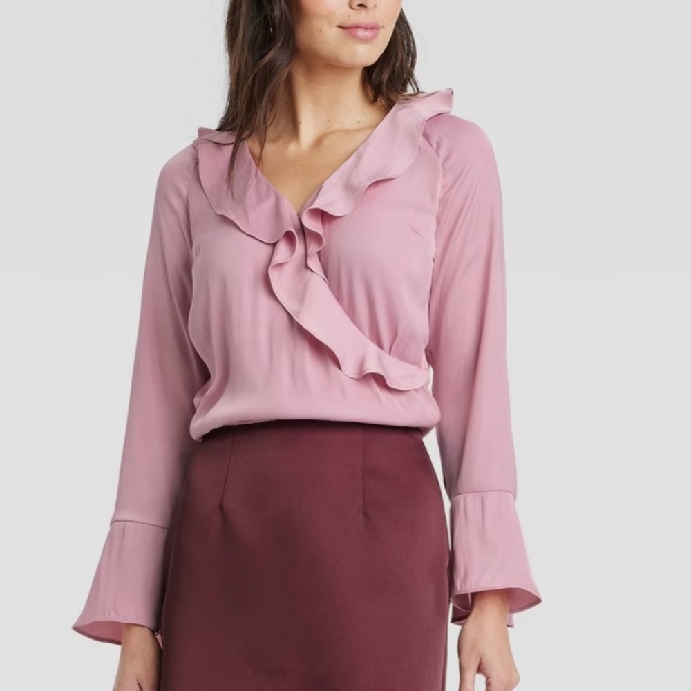A New Day Mauve Ruffle V-Neck Blouse